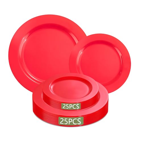 Red Disposable Plastic Plates for Party - 50 Pack Heavy Duty Dinner & Dessert