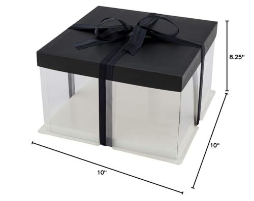 Restaurantware Sweet Vision 10 Inch x 8.25 Inch Transparent Cake Boxes 10 Grease Resistant Base Clear Cake Boxes - Black Lid Black Ribbon Plastic Birthday Cake Boxes For Weddings Or Birthdays