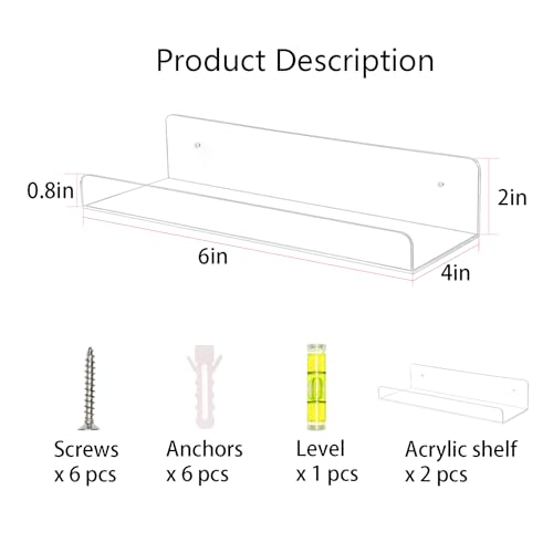 TONICE 2-Pack Wall-Mounted Acrylic Floating Shelves - 6in Storage for Home & Office