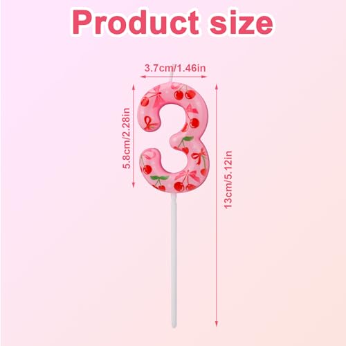 BOXOB Cherry Birthday Number 3 Candle Sweet Pink Cake Topper