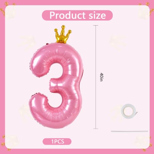 40 Inch Pink Crown Number Balloon for 3rd Birthday Party