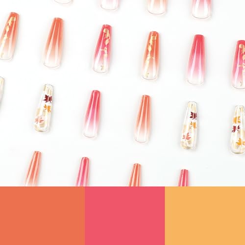 Maple Leaf Press On Nails Long Coffin French Red Gradient Fake Nails