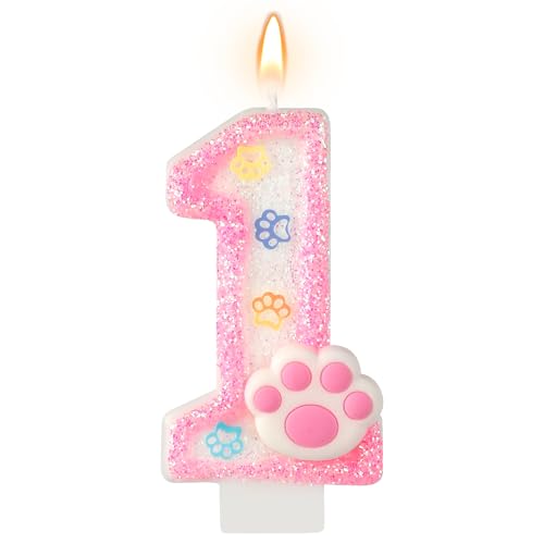 Pink Number 1 Dog & Cat Birthday Candle with Paw Print Cake Topper