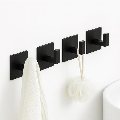 Matte Black Adhesive Towel Hooks – No Drill, 2 Pack for Bathroom & Kitchen