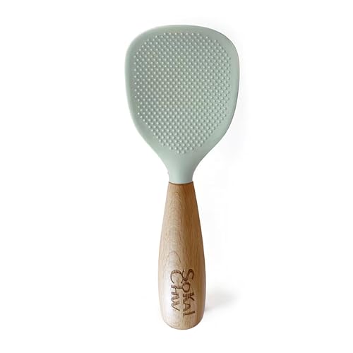 Green Silicone Rice Spoon with Wooden Handle - Heat-Resistant Cooking Utensil