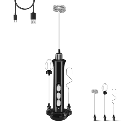 Rechargeable Handheld Milk Frother with 3 Speed Settings & Detachable Stainless Steel Whisks