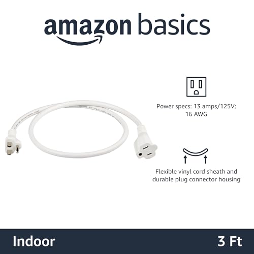 Amazon Basics 3-Foot Extension Cord, 2-Pack - 13 Amps, Indoor Use