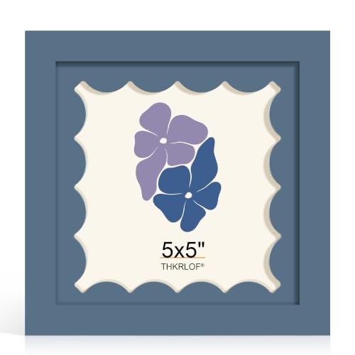 THKRLOF 5x5 Picture Frame, Blue Wooden Photo Frame with Wavy Mat