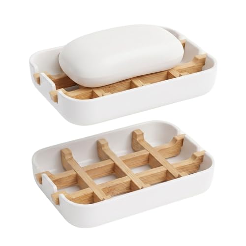 Bamboo Soap Holder with Removable Drainage Rack - White