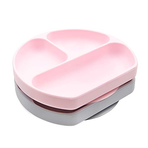 Bumkins Silicone Suction Plate for Toddlers & Babies - Divided Grip Dish, Non-Skid, Dishwasher Safe, Gray & Pink