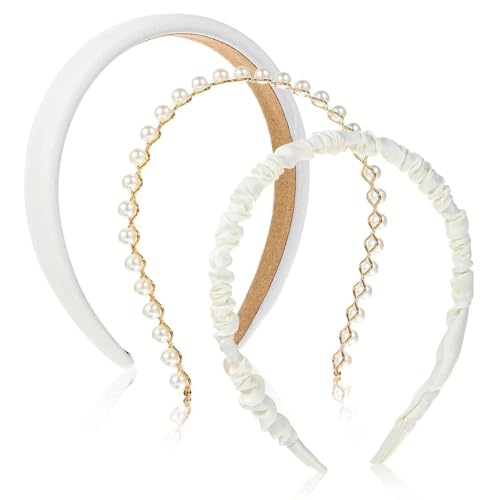 DPWOUM 3 PCS White Pearl Headbands - Non Slip Twisted Wide Hair Accessories for Women