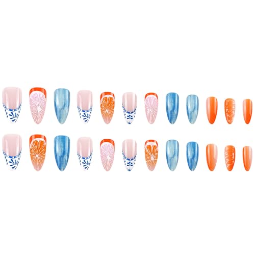 Posyofet 24Pcs Summer French Tip Almond Press On Nails with Fruit Design