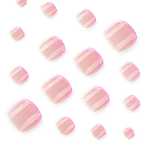 French Tip Press on Toenails Short Square Glossy Fake Toenails 24Pcs