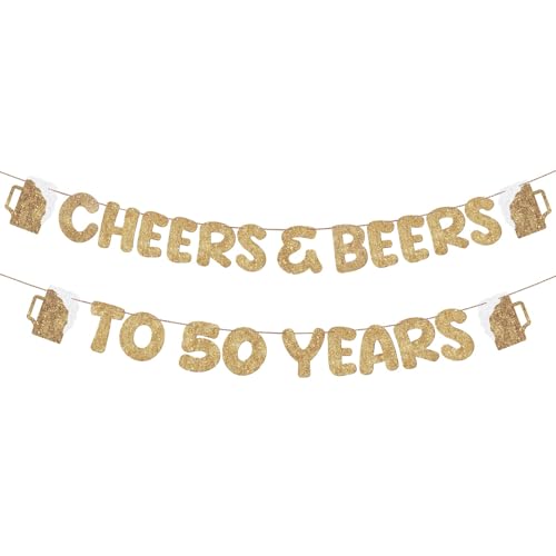 Cheers and Beers to 50 Years Gold Glitter Banner for 50th Birthday Party