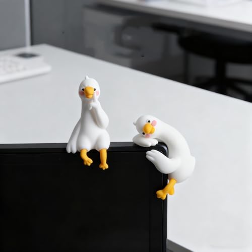 4-Piece White Duck Resin Figurines for Computer Monitor and Car Dashboard