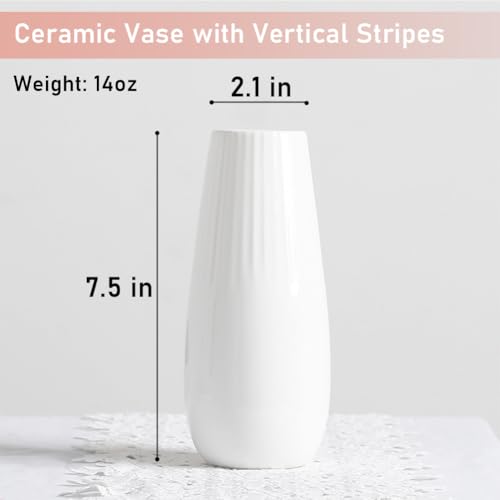 Valemoon White Ceramic Vase - 7.5 Inch Modern Striped Flower Holder for Pampas, Tulips, Calla Lilies, Minimalist Home Decor