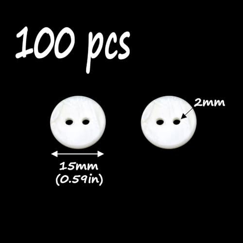 Semetall 100pcs 15mm Mother of Pearl Buttons - White Shell Buttons 2-Hole