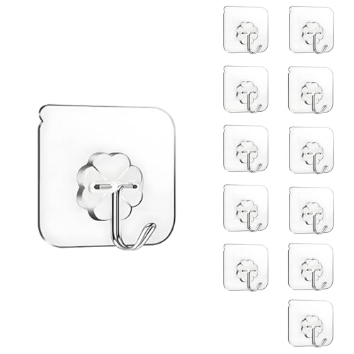 12 PCS Transparent Adhesive Wall Hooks - Heavy Duty Damage-Free Hangers
