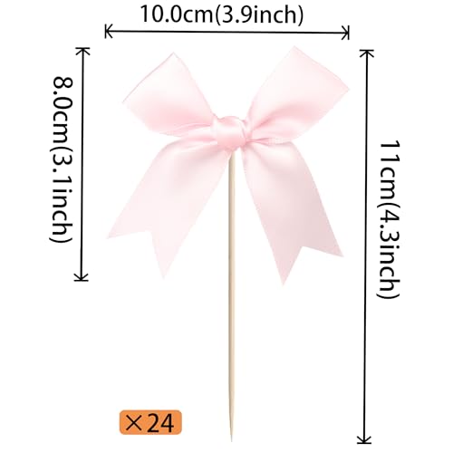 24 PCS Pink Bow Cupcake Toppers - Birthday & Baby Shower Decorations