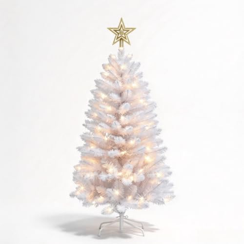 4FT White Artificial Christmas Tree with Warm White String Lights - Small Holiday Tree - Dream Loom - White Variation