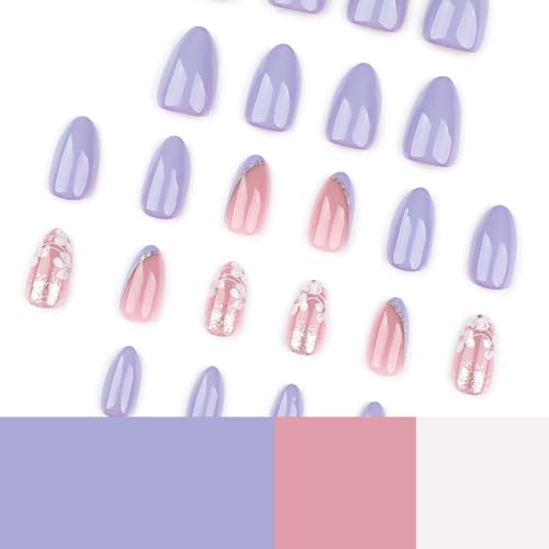 MISUD Medium Almond Press on Nails – Purple Spring Floral Acrylic Fake Nails