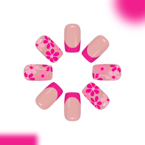 Short Square Press on Nails Rose Red Flower Glossy False Nails