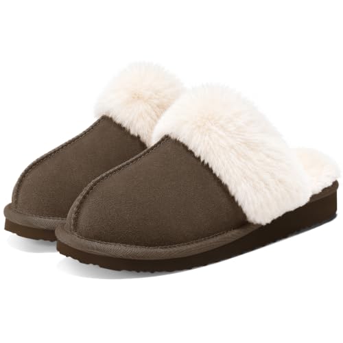 Fuzzy Memory Foam Slippers for Women - Mocha, Indoor House Shoes