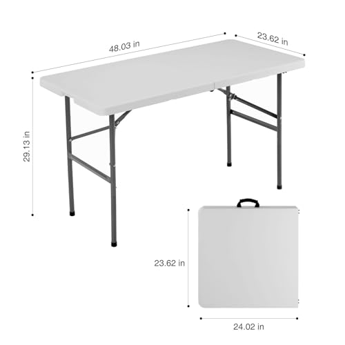 Simple Deluxe Foldable Table - Heavy Duty Portable Plastic Top & Steel Legs, Built-in Handle for Indoor Outdoor Party, Camping, White 4 FT, Standard