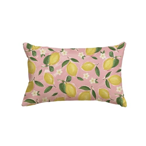 Summer Lemon Throw Pillow Cover 12x20 Inch Pink Floral Cushion Case for Sofa Couch Decor