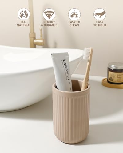 BosilunLife Ceramic Toothbrush Holder - Striped Khaki Cylinder Tumbler