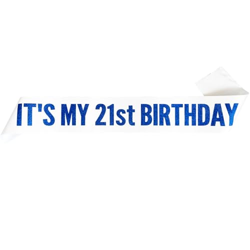 It's My 21st Birthday Satin Sash with Blue Glitter Letters White