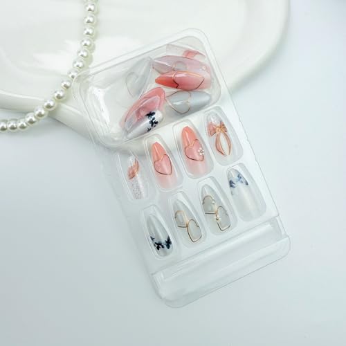 White Pink Glitter Press on Nails - Medium Almond 3D Flower Fake Nails