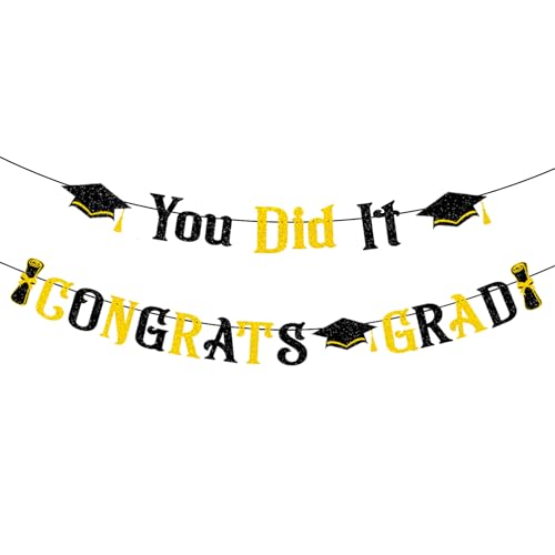 Congrats Grad Banner Set - Black & Gold Graduation Decorations