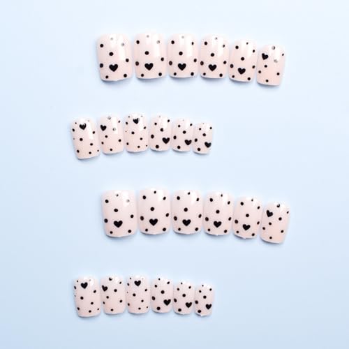 Valentine Short Square Press on Nails Black Heart Glossy 24 Pcs