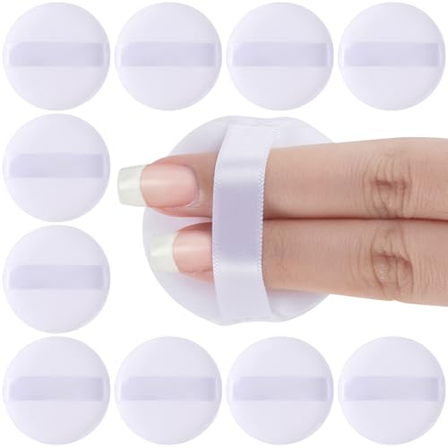 Pndeyo 10pcs Mini Velour Powder Puffs with Strap, Soft Round Face Makeup Sponges for Loose Powder and Foundation, White