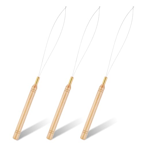 3 Pcs Wooden Hair Extension Loop Needle Kit and Threader Pulling Hook Tool