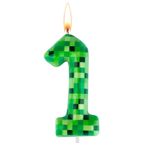 Pixel Miner Number 1 Birthday Candle - Green TNT Theme Cake Topper