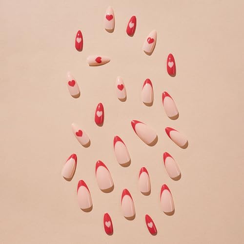 Onsdag Red French Tip Almond Press On Nails with Heart Designs 24 Pcs