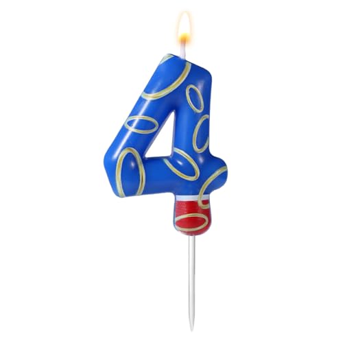Blue Number 4 Birthday Candle with Gold Ring Print - Party Decor