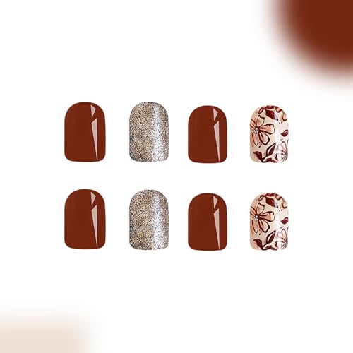 Brown Square Press on Nails with Flowers, Rhinestones and Glitter - 24Pcs Glossy False Nails
