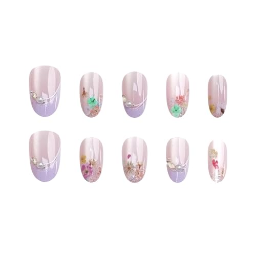 Light Purple Short Oval Press on Nails French Tip with Glitter Diamonds