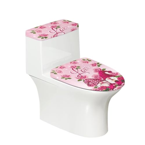 Romantic Gnome Rose Toilet Seat Cover Set for Valentine's Day