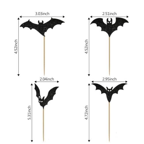 Halloween Cupcake Toppers - 12 Black Glitter Bat Picks for Parties