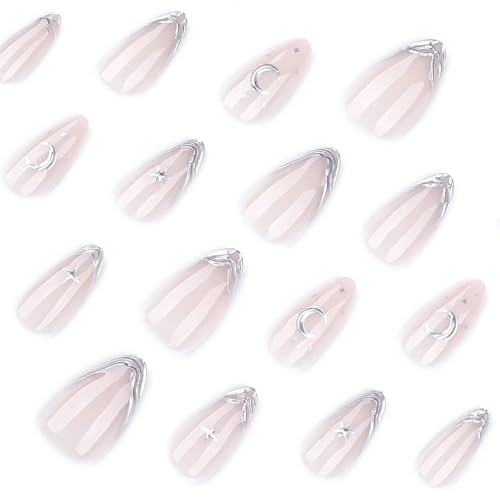 Almond Press On Nails Silver French Tip with 3D Star Designs Reusable