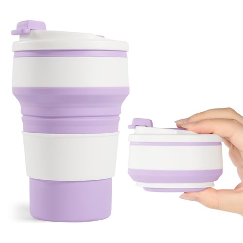 12oz Collapsible Cup for Traveling, Collapsible Silicone Travel Cup for Hot and Cold Drinks, Leak Proof Silicone Folding Travel Coffee Mug for Camping & Hiking, BPA Free Purple