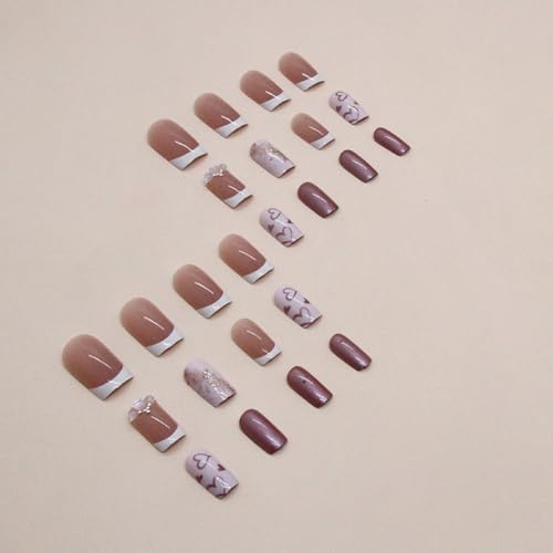 Purple Press on Nails Medium Square Kawaii Fake Nails with Heart Designs