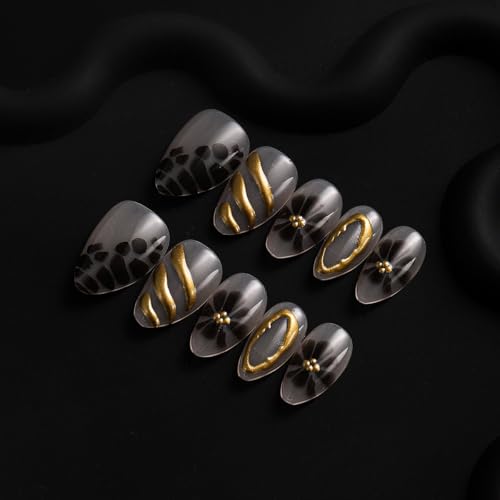 Brown Flower Press on Nails Medium Almond Fake Nails with Gold Design