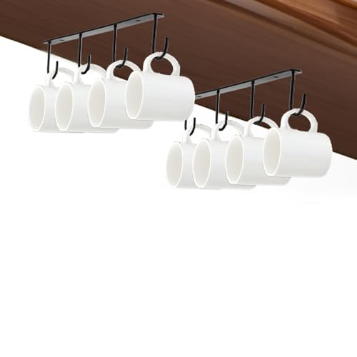 Metal Mug Holder with 8 Hooks - Under Cabinet Storage Organizer (4 Hooks-2x, Black)