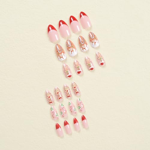 Christmas Almond Press on Nails Red French Xmas Bear Candy False Nails