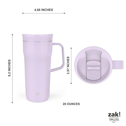Zak Designs Harmony Tumbler for Travel or At Home, 20oz Recycled Stainless Steel is Splash-Proof and Vacuum Insulated with Slide Lid and Handle (Smoky Lilac Purple)